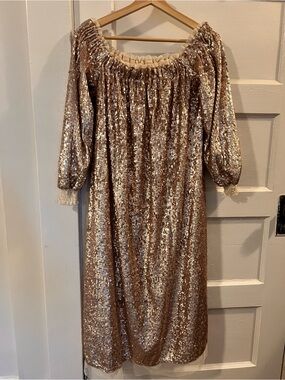 Free People Emilia Champagne/Rose Sequin Off-Shoulder Midi Dress